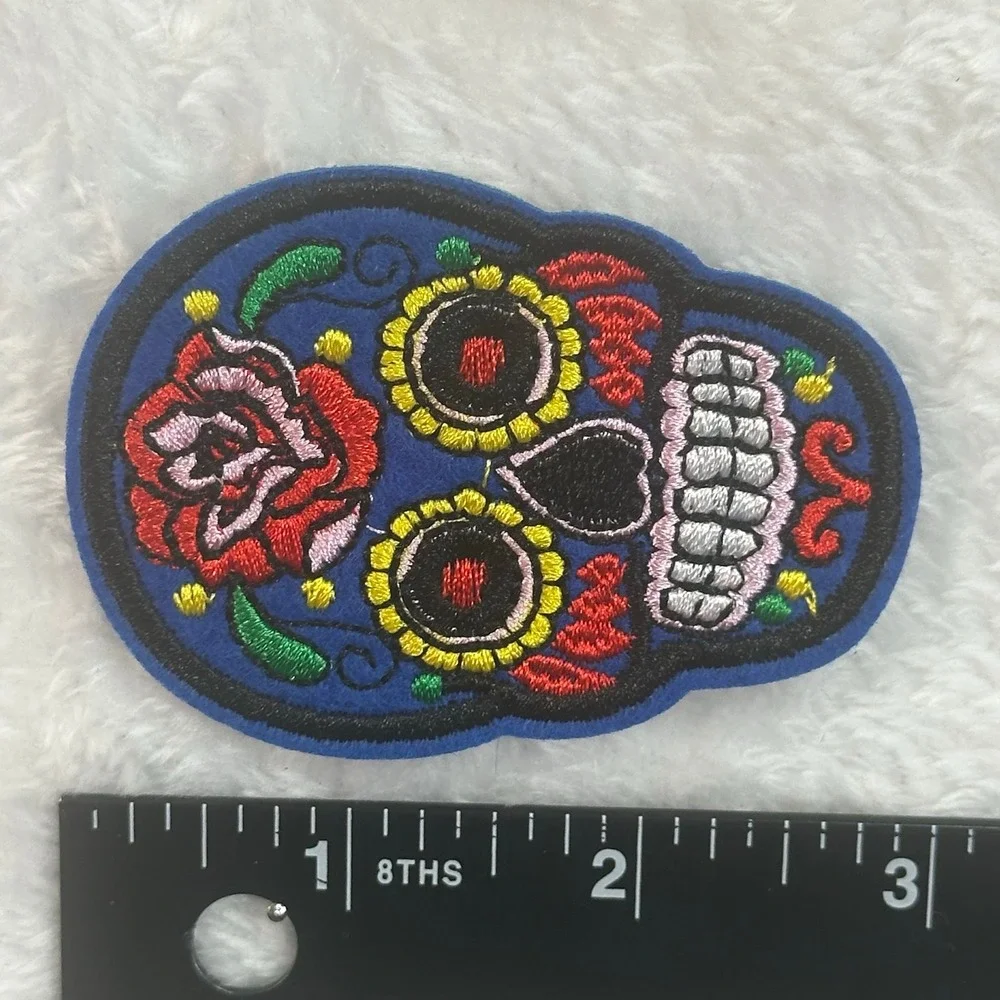 Sugar Skull Iron On Patch Unisex‎ Blue Day of the Dead Rose Embroidered